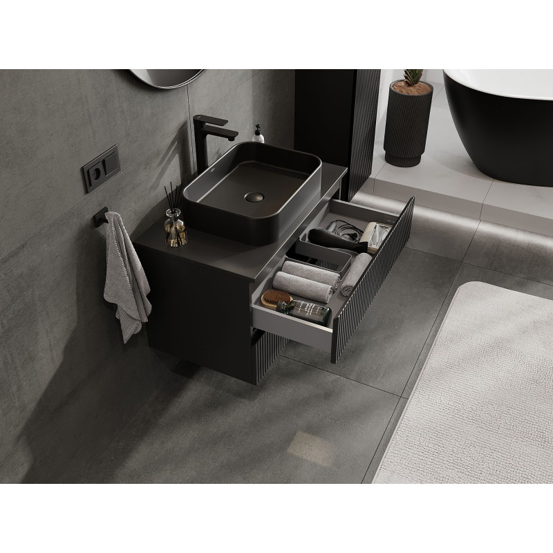 Mexen Rivel armoire de salle de bains sous-vasque 80 cm avec plateau, 2 tiroirs, rainurée, noir mat - 91A20-08047-2-BFFC71