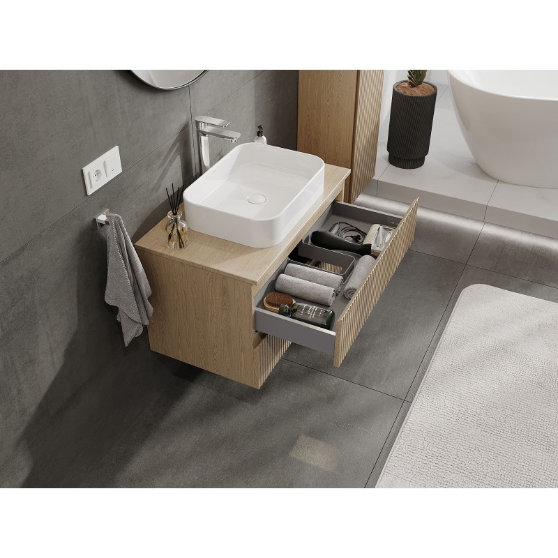 Mexen Rivel armoire de salle de bain sous-lavabo 80 cm avec plateau, 2 tiroirs, rainuré, chêne - 91A20-08047-2-BFFC81