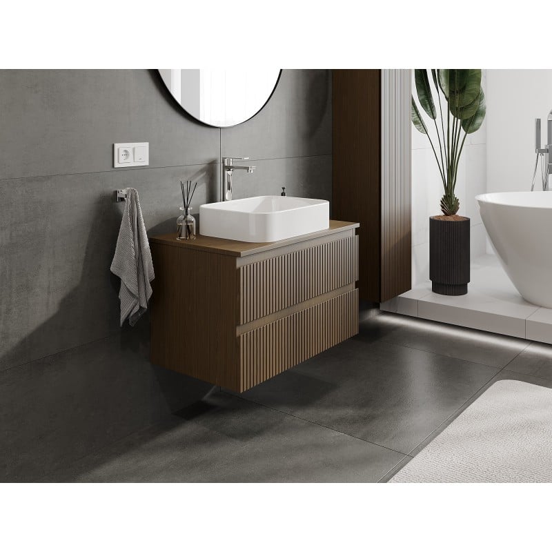 Mexen Rivel meuble de salle de bain sous-lavabo 80 cm avec plateau, 2 tiroirs, rainuré, noyer - 91A20-08047-2-BFFC86