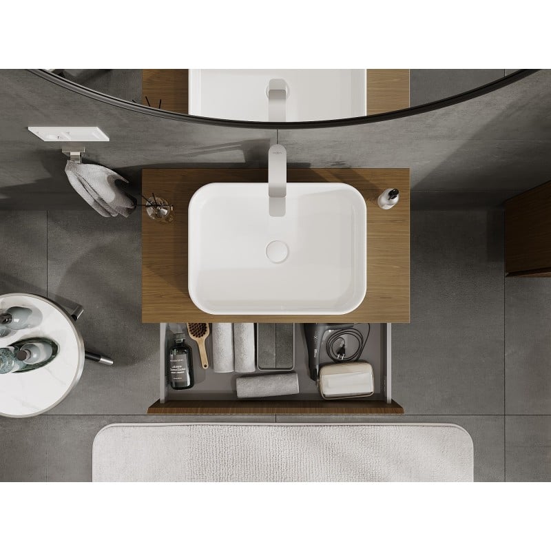 Mexen Rivel meuble de salle de bain sous-lavabo 80 cm avec plateau, 2 tiroirs, rainuré, noyer - 91A20-08047-2-BFFC86
