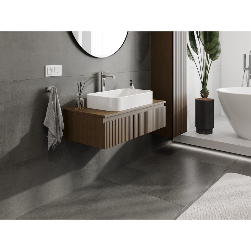 Mexen Rivel meuble de salle de bain sous-vasque 90 cm avec plateau, 1 tiroir, rainuré, noyer - 91A20-09023-1-BFC86