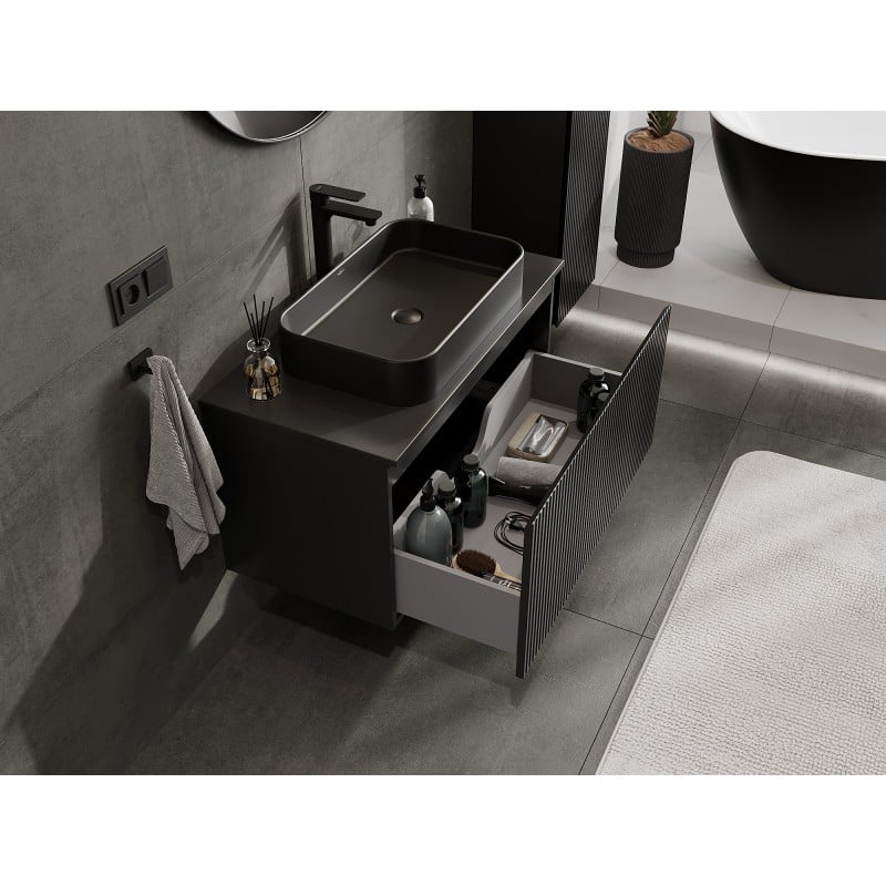 Mexen Rivel armoire de salle de bain sous vasque 90 cm avec plateau, 1 tiroir, rainurée, noir mat - 91A20-09047-1-BFC71