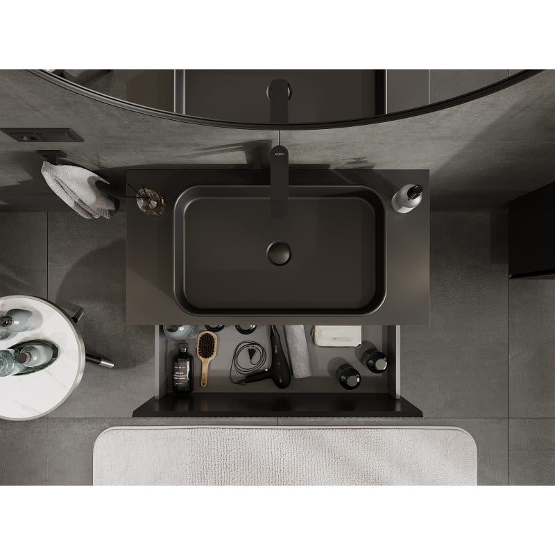 Mexen Rivel armoire de salle de bain sous vasque 90 cm avec plateau, 1 tiroir, rainurée, noir mat - 91A20-09047-1-BFC71
