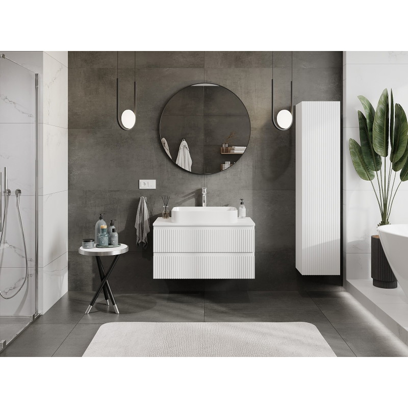 Mexen Rivel armoire de salle de bain sous lavabo 90 cm avec plateau, 2 tiroirs, rainurée, blanc mat - 91A20-09047-2-BFFC01