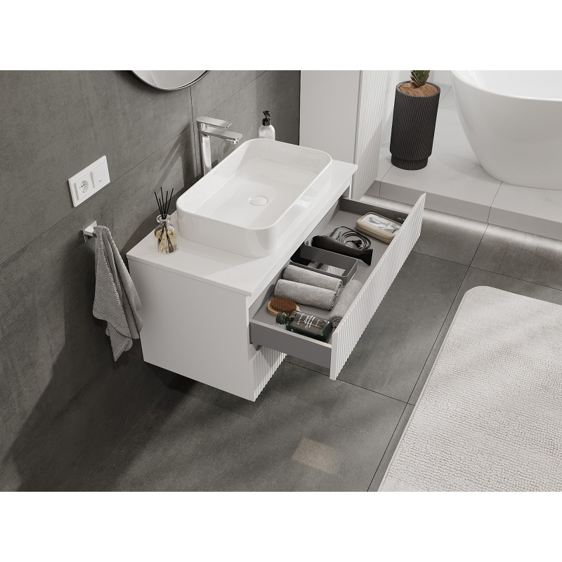 Mexen Rivel armoire de salle de bain sous lavabo 90 cm avec plateau, 2 tiroirs, rainurée, blanc mat - 91A20-09047-2-BFFC01