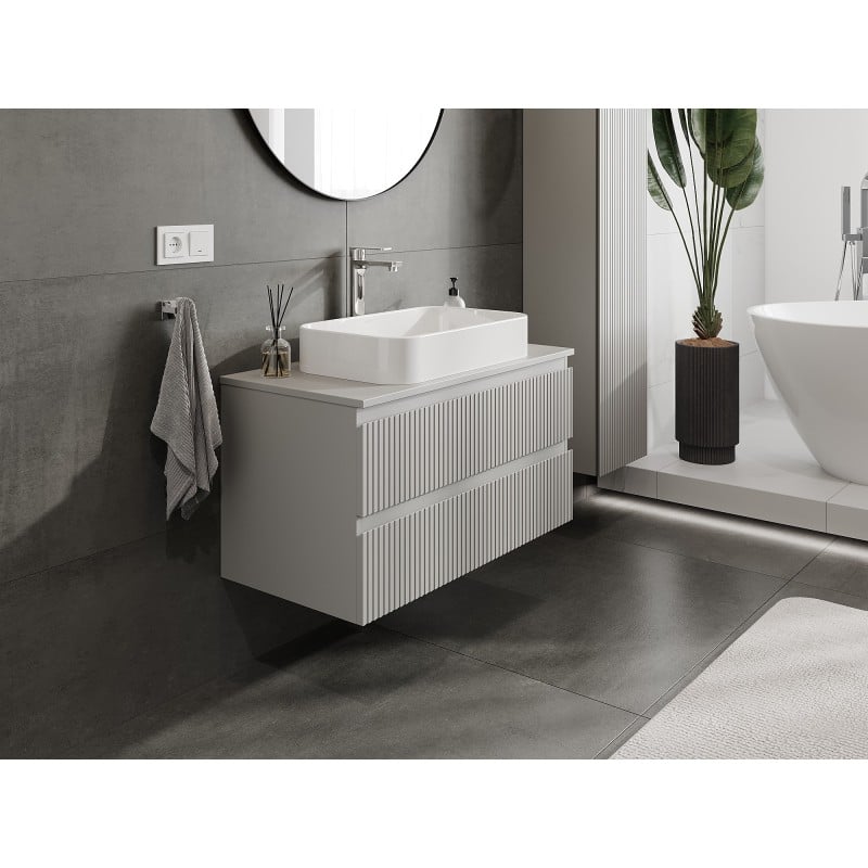 Mexen Rivel meuble de salle de bains sous vasque 90 cm avec plateau, 2 tiroirs, rainuré, gris mat - 91A20-09047-2-BFFC62