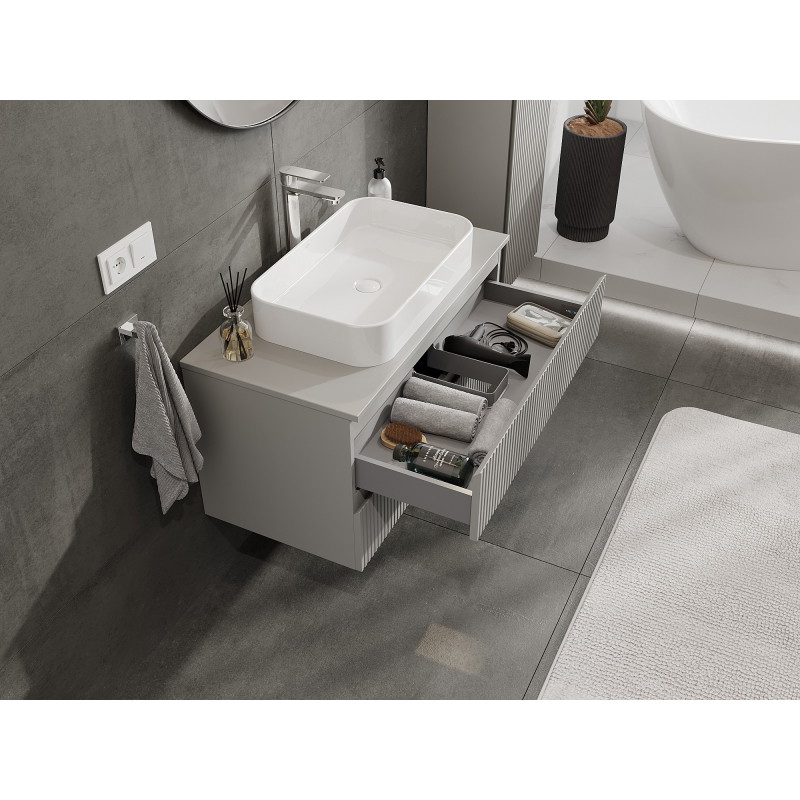Mexen Rivel meuble-lavabo 90 cm avec plateau, 2 tiroirs, rainuré, gris mat - 91A20-09047-2-BFFC62