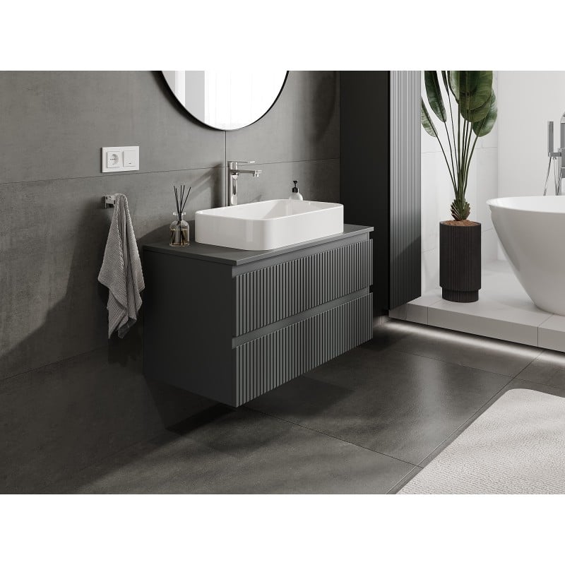 Mexen Rivel meuble de salle de bain sous-lavabo 90 cm avec plateau, 2 tiroirs, rainuré, graphite mat - 91A20-09047-2-BFFC66