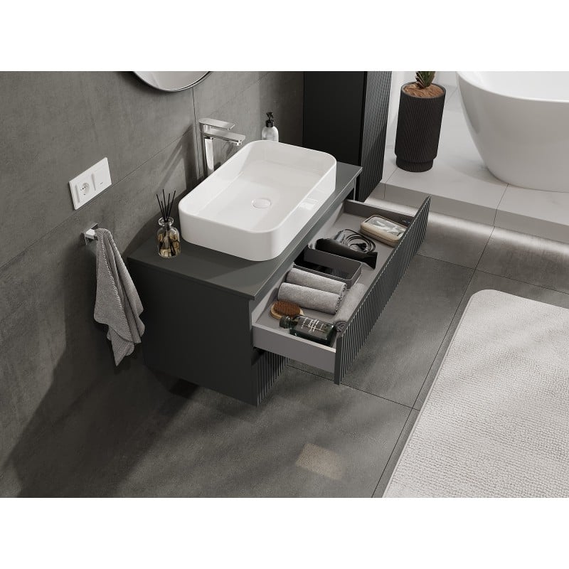 Mexen Rivel meuble de salle de bain sous-lavabo 90 cm avec plateau, 2 tiroirs, rainuré, graphite mat - 91A20-09047-2-BFFC66
