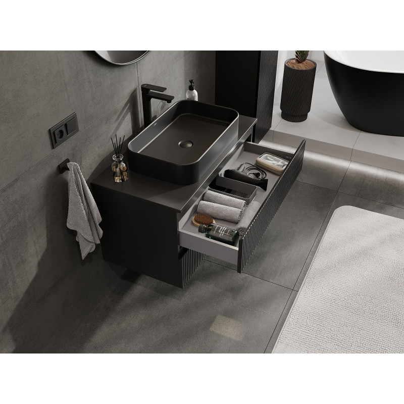 Mexen Rivel meuble de salle de bain sous lavabo 90 cm avec plateau, 2 tiroirs, rainuré, noir mat - 91A20-09047-2-BFFC71