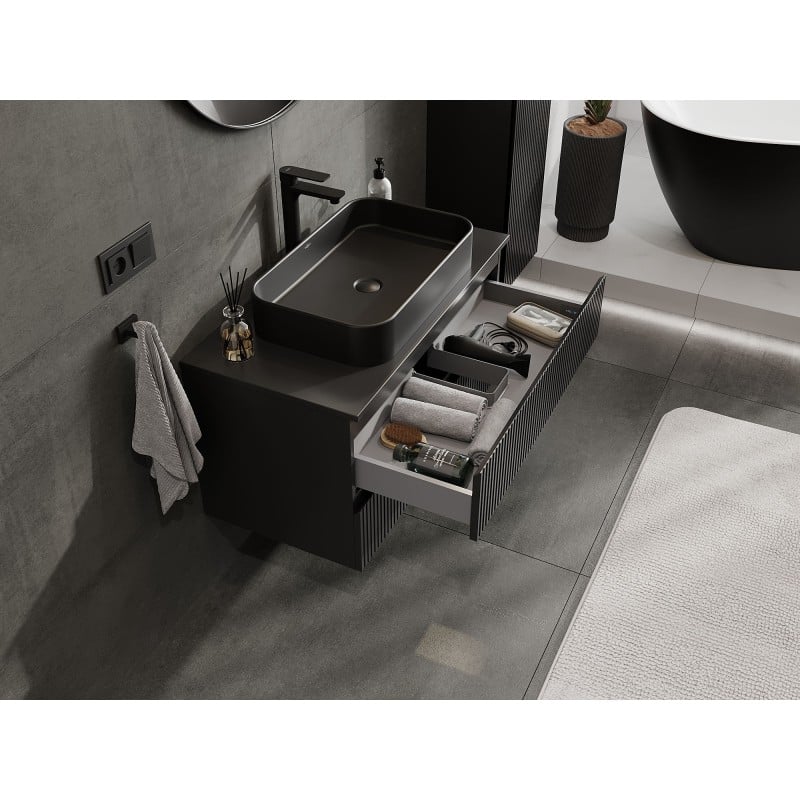 Mexen Rivel meuble de salle de bain sous-vasque 90 cm avec plateau, 2 tiroirs, rainuré, noir mat - 91A20-09047-2-BFFC71