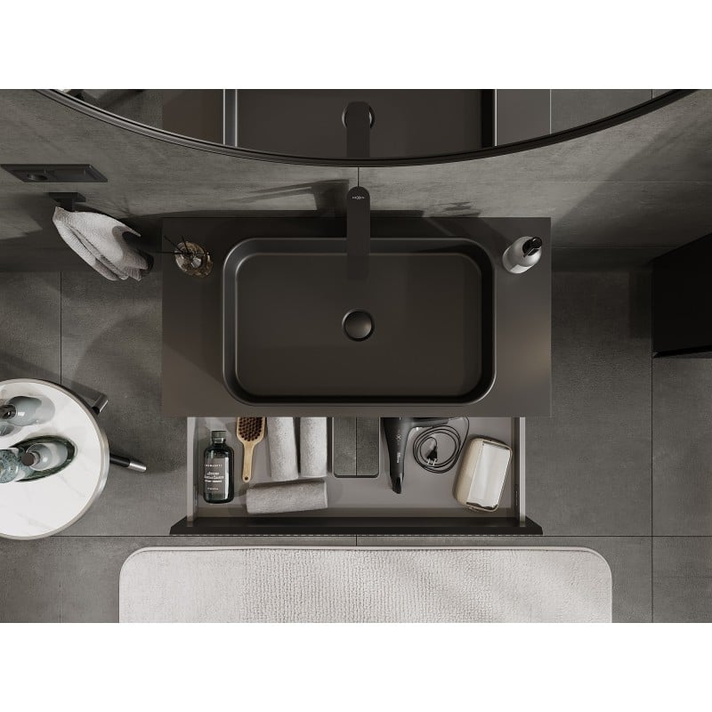Mexen Rivel meuble de salle de bain sous-vasque 90 cm avec plateau, 2 tiroirs, rainuré, noir mat - 91A20-09047-2-BFFC71