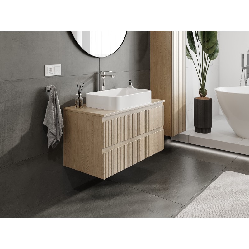 Mexen Rivel meuble de salle de bain sous-vasque 90 cm avec plateau, 2 tiroirs, rainurés, chêne - 91A20-09047-2-BFFC81