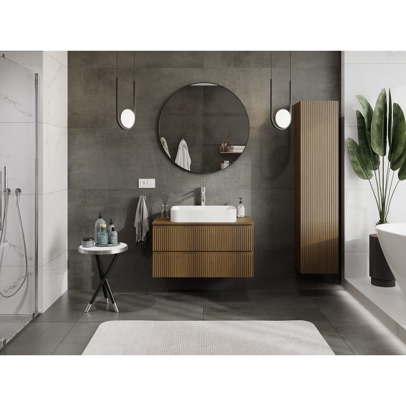 Mexen Rivel meuble de salle de bain sous lavabo 90 cm avec plateau, 2 tiroirs, rainuré, noyer - 91A20-09047-2-BFFC86