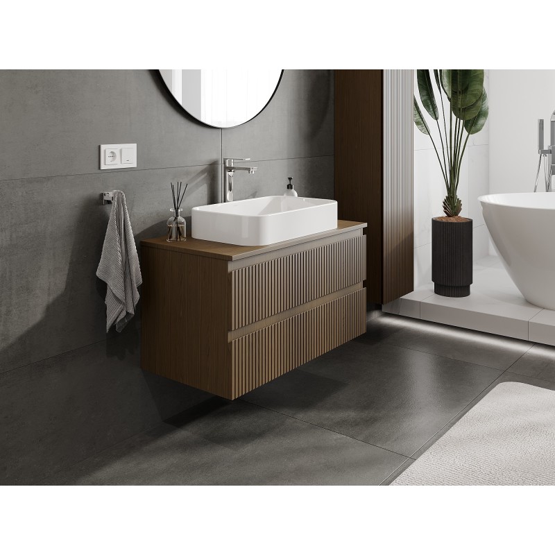 Mexen Rivel meuble de salle de bain sous lavabo 90 cm avec plateau, 2 tiroirs, rainuré, noyer - 91A20-09047-2-BFFC86