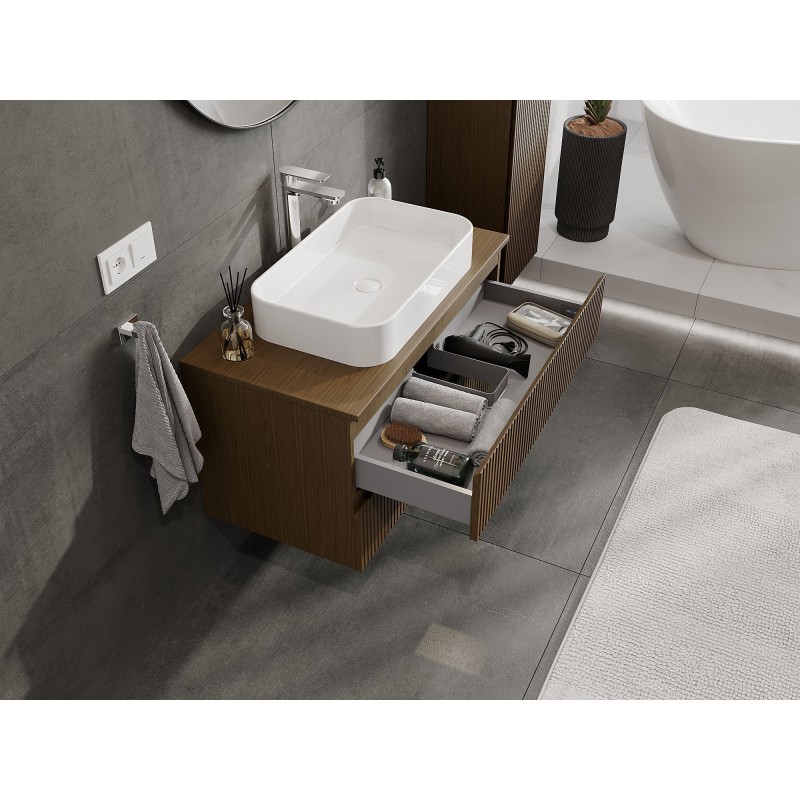 Mexen Rivel meuble de salle de bain sous lavabo 90 cm avec plateau, 2 tiroirs, rainuré, noyer - 91A20-09047-2-BFFC86