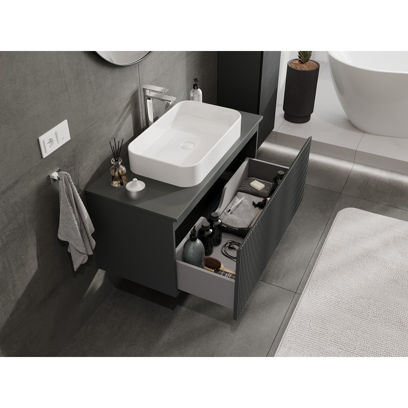 Mexen Rivel meuble de salle de bains sous-vasque 100 cm avec plateau, 1 tiroir, rainuré, graphite mat - 91A20-10047-1-BFC66