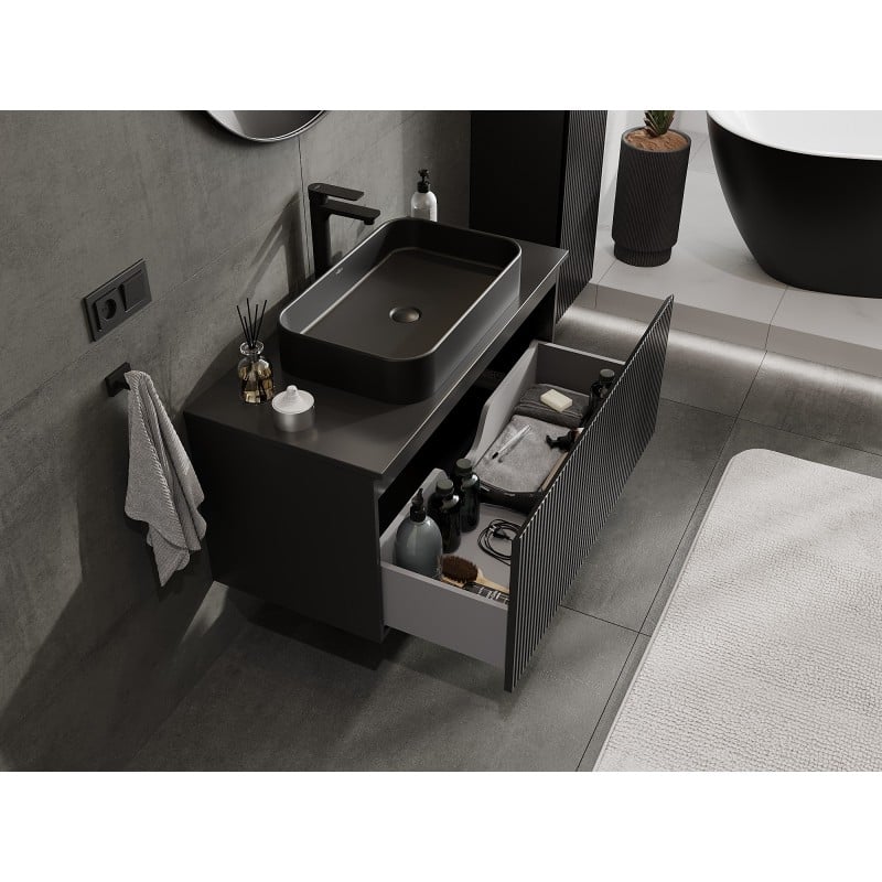 Mexen Rivel meuble-lavabo 100 cm avec plateau, 1 tiroir, nervuré, noir mat - 91A20-10047-1-BFC71