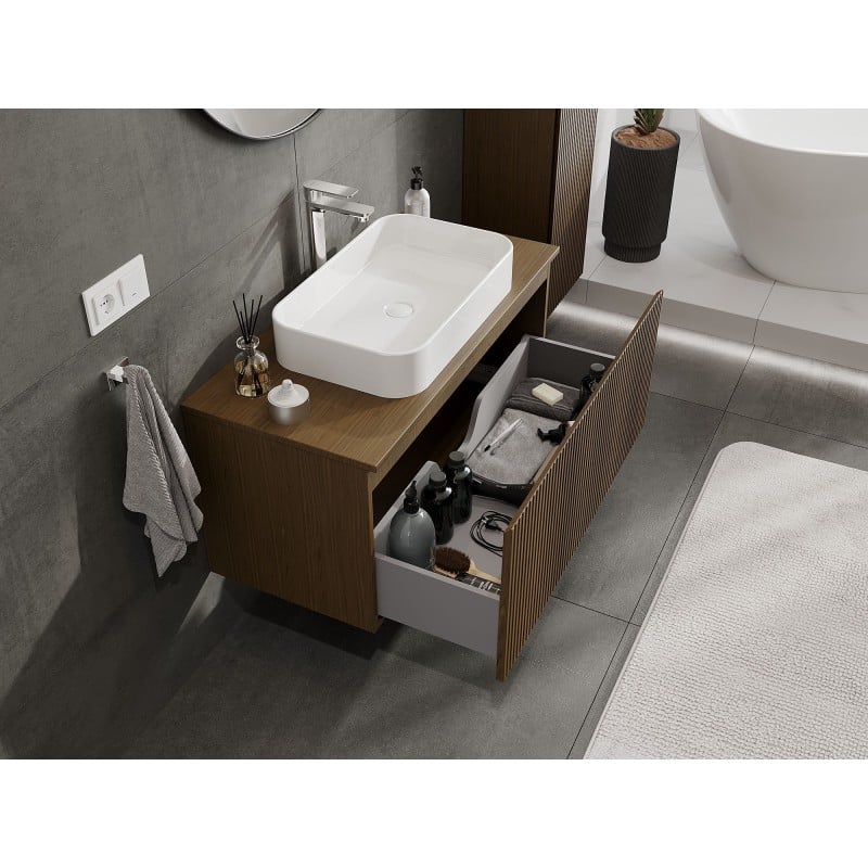 Mexen Rivel armoire de salle de bain 100 cm avec plateau, 1 tiroir, rainuré, noyer - 91A20-10047-1-BFC86