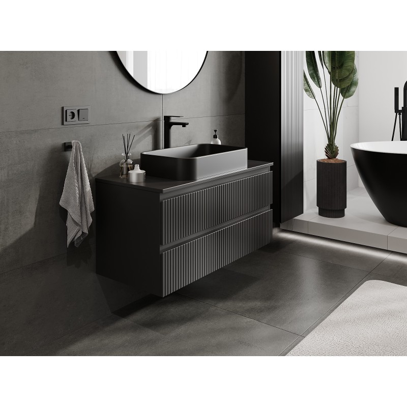 Mexen Rivel meuble de salle de bain sous-lavabo 100 cm avec plateau, 2 tiroirs, rainuré, noir mat - 91A20-10047-2-BFFC71