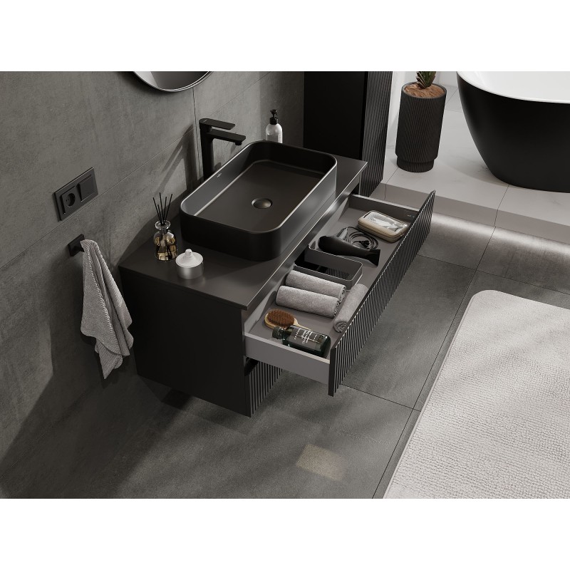 Mexen Rivel meuble de salle de bain sous-lavabo 100 cm avec plateau, 2 tiroirs, rainuré, noir mat - 91A20-10047-2-BFFC71