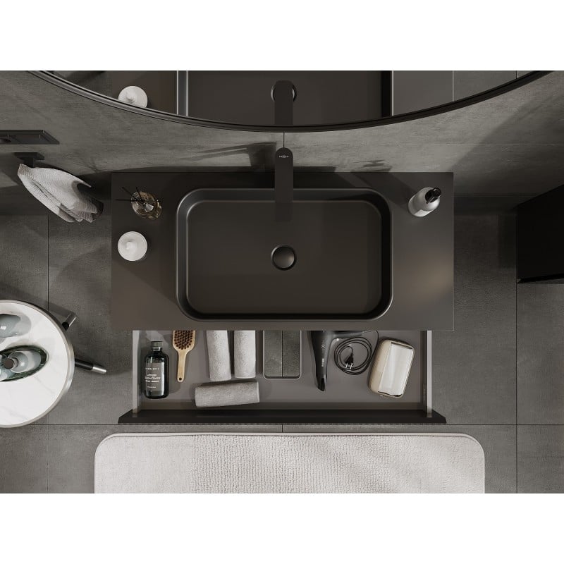 Mexen Rivel meuble de salle de bain sous-lavabo 100 cm avec plateau, 2 tiroirs, rainuré, noir mat - 91A20-10047-2-BFFC71