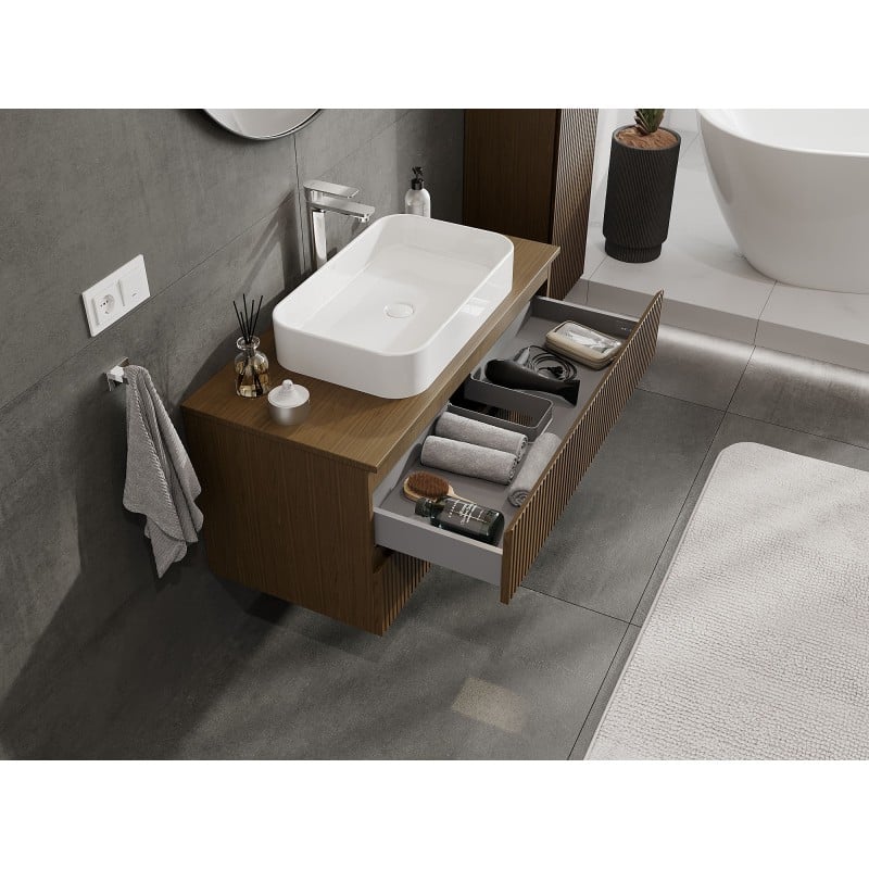 Mexen Rivel meuble de salle de bain sous lavabo 100 cm avec plateau, 2 tiroirs, rainuré, noyer - 91A20-10047-2-BFFC86