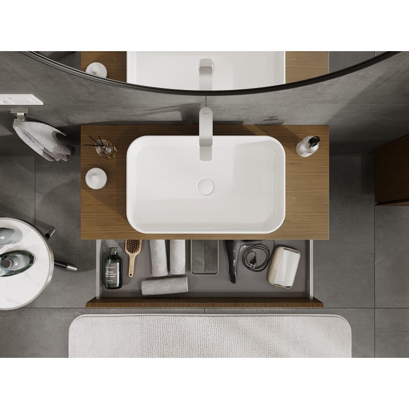 Mexen Rivel meuble de salle de bain sous lavabo 100 cm avec plateau, 2 tiroirs, rainuré, noyer - 91A20-10047-2-BFFC86