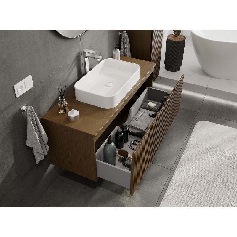 Mexen Rivel meuble de salle de bain sous-vasque 120 cm avec plateau, 1 tiroir, rainuré, noyer - 91A20-12047-1-BFC86