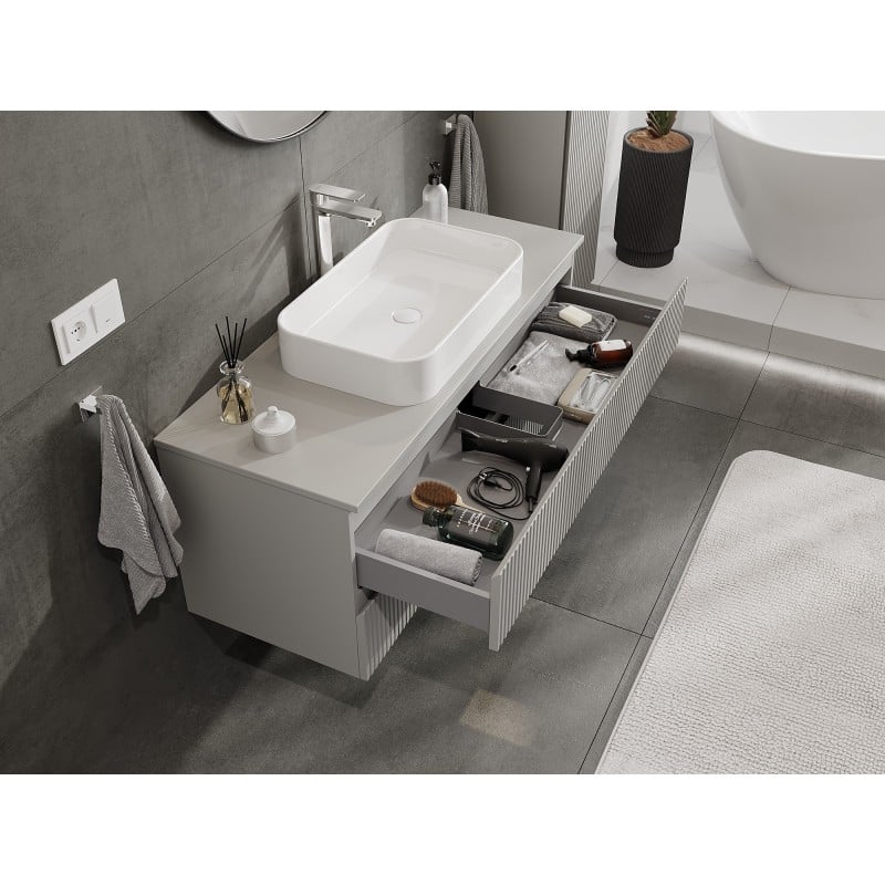 Mexen Rivel armoire de salle de bain sous lavabo 120 cm avec plateau, 2 tiroirs, rainurée, gris mat - 91A20-12047-2-BFFC62