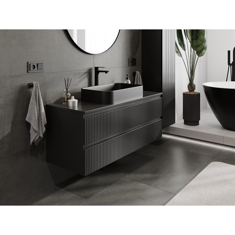 Mexen Rivel meuble de salle de bain sous-vasque 120 cm avec plateau, 2 tiroirs, rainuré, noir mat - 91A20-12047-2-BFFC71