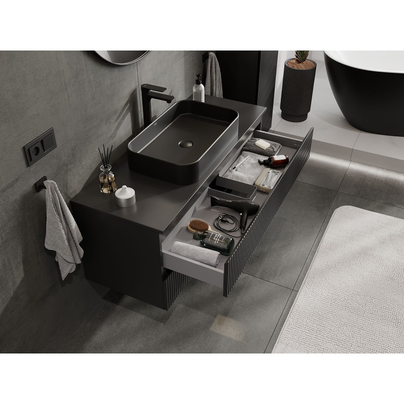 Mexen Rivel meuble de salle de bain sous-vasque 120 cm avec plateau, 2 tiroirs, rainuré, noir mat - 91A20-12047-2-BFFC71