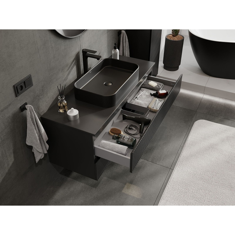 Mexen Rivel meuble sous-lavabo de salle de bain 120 cm avec plan, 2 tiroirs, rainuré, noir mat - 91A20-12047-2-BFFC71