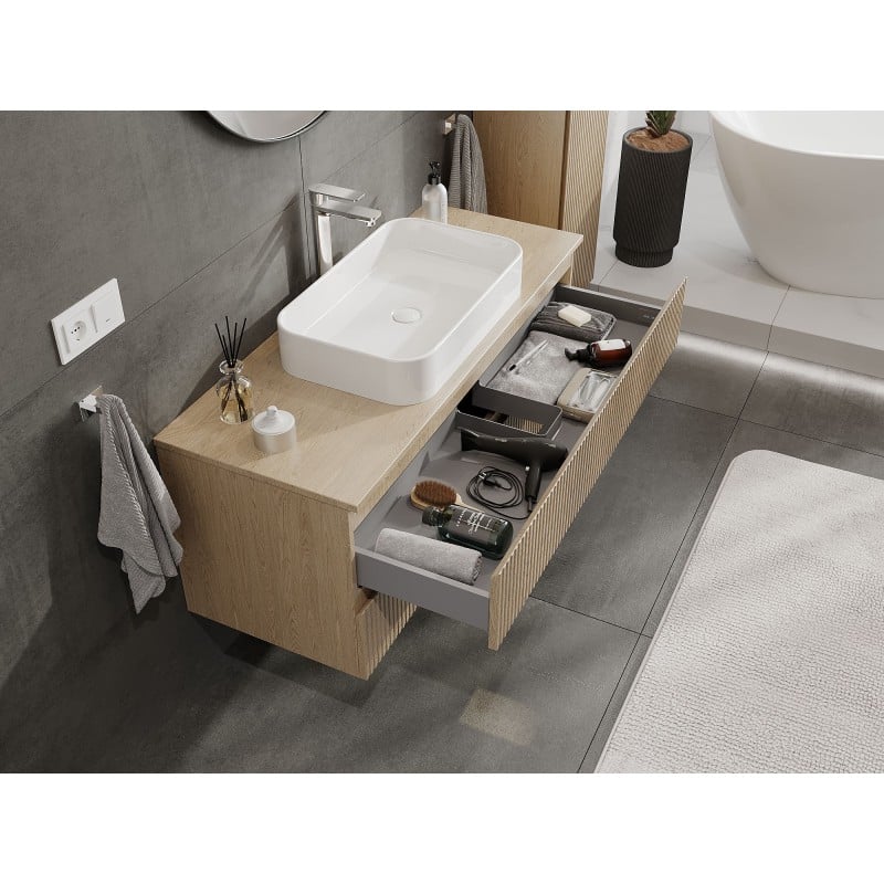 Mexen Rivel meuble de salle de bain sous-vasque 120 cm avec plateau, 2 tiroirs, rainuré, chêne - 91A20-12047-2-BFFC81
