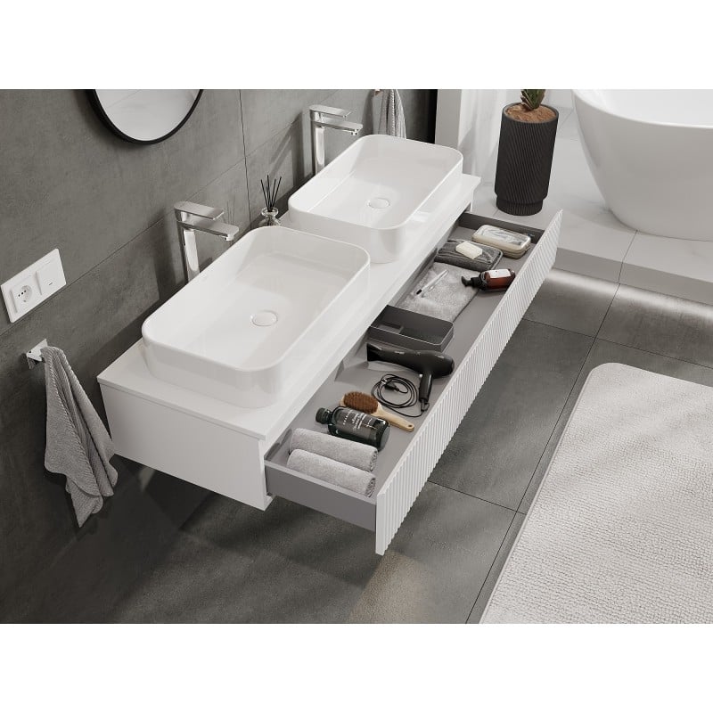 Mexen Rivel armoire de salle de bains sous-vasque 140 cm avec plateau, 1 tiroir, rainurée, blanc mat - 91A20-14023-1-BFC01