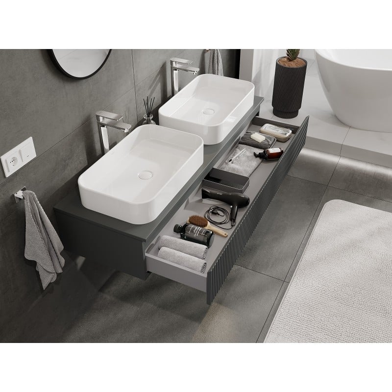 Mexen Rivel meuble de salle de bains sous-lavabo 140 cm avec plateau, 1 tiroir, rainuré, graphite mat - 91A20-14023-1-BFC66