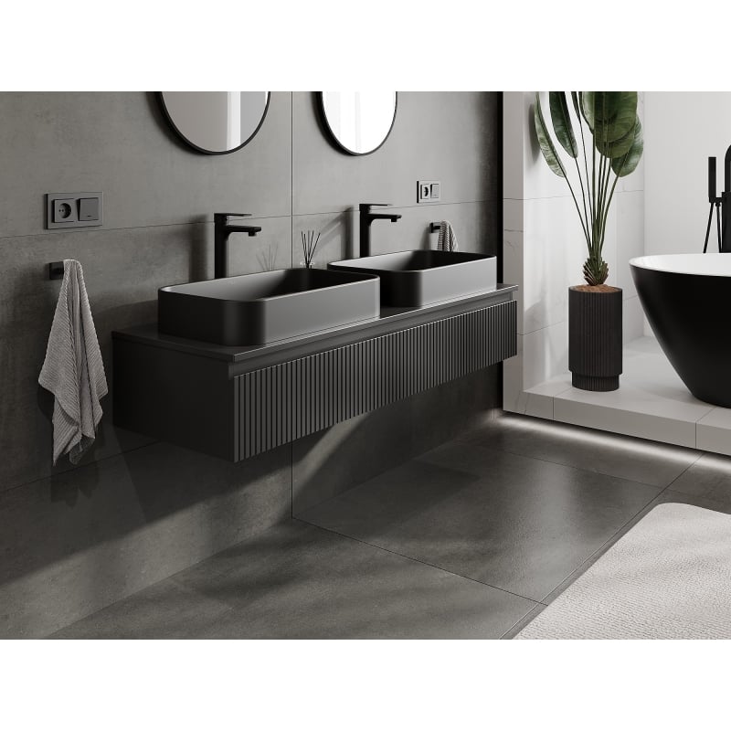 Mexen Rivel armoire de salle de bain sous lavabo 140 cm avec plateau, 1 tiroir, rainuré, noir mat - 91A20-14023-1-BFC71