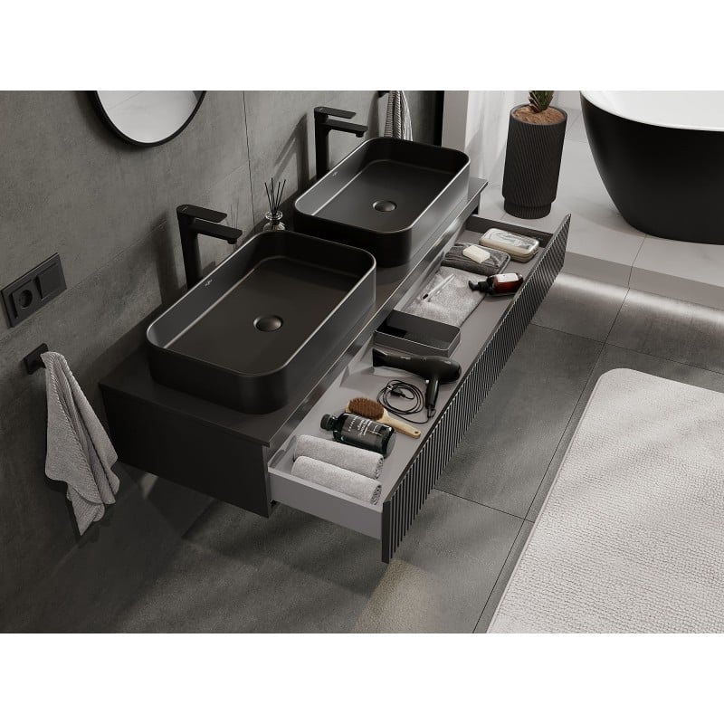 Mexen Rivel armoire de salle de bain sous lavabo 140 cm avec plateau, 1 tiroir, rainuré, noir mat - 91A20-14023-1-BFC71