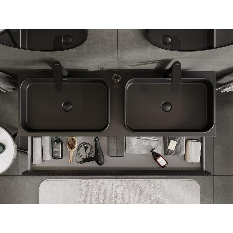 Mexen Rivel armoire de salle de bain sous lavabo 140 cm avec plateau, 1 tiroir, rainuré, noir mat - 91A20-14023-1-BFC71