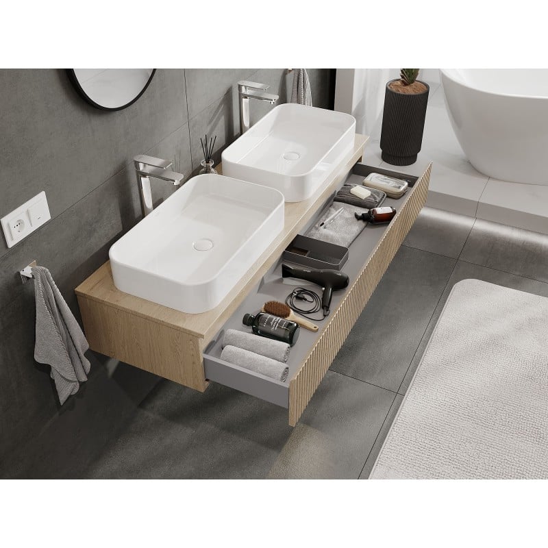 Mexen Rivel meuble de salle de bain sous-lavabo 140 cm avec plateau, 1 tiroir, rainuré, chêne - 91A20-14023-1-BFC81