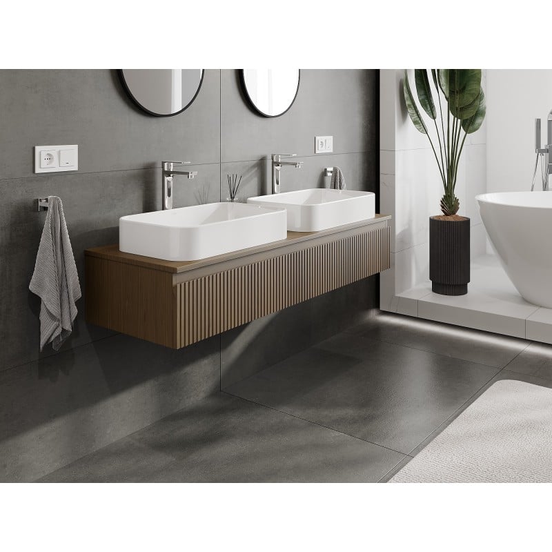 Mexen Rivel meuble de salle de bains sous lavabo 140 cm avec plateau, 1 tiroir, rainuré, noyer - 91A20-14023-1-BFC86