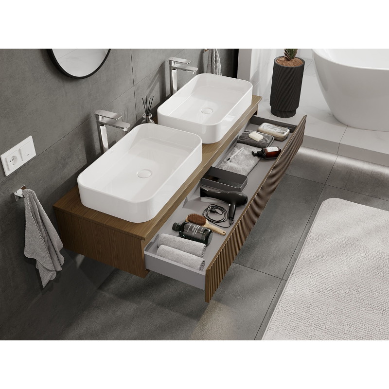 Mexen Rivel meuble de salle de bains sous lavabo 140 cm avec plateau, 1 tiroir, rainuré, noyer - 91A20-14023-1-BFC86