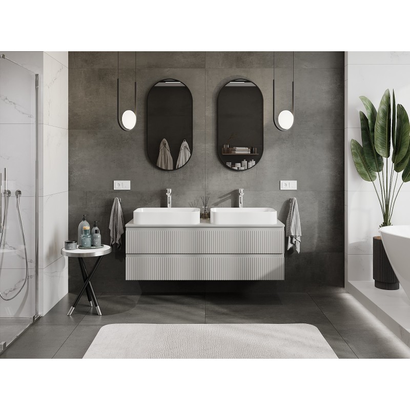 Mexen Rivel meuble de salle de bains sous-lavabo 140 cm avec plateau, 2 tiroirs, rainuré, gris mat - 91A20-14047-2-BFFC62