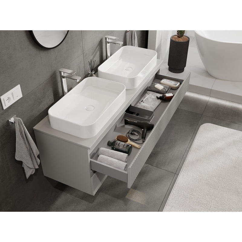 Mexen Rivel meuble de salle de bains sous-lavabo 140 cm avec plateau, 2 tiroirs, rainuré, gris mat - 91A20-14047-2-BFFC62