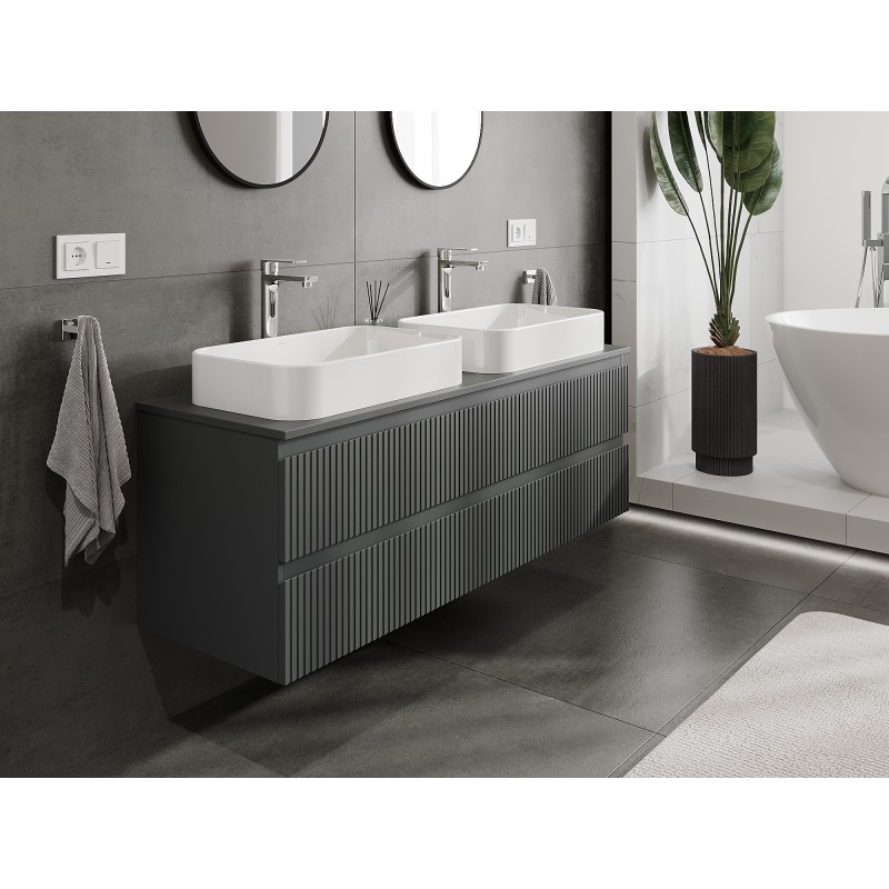 Mexen Rivel meuble de salle de bain sous-vasque 140 cm avec plateau, 2 tiroirs, rainuré, graphite mat - 91A20-14047-2-BFFC66
