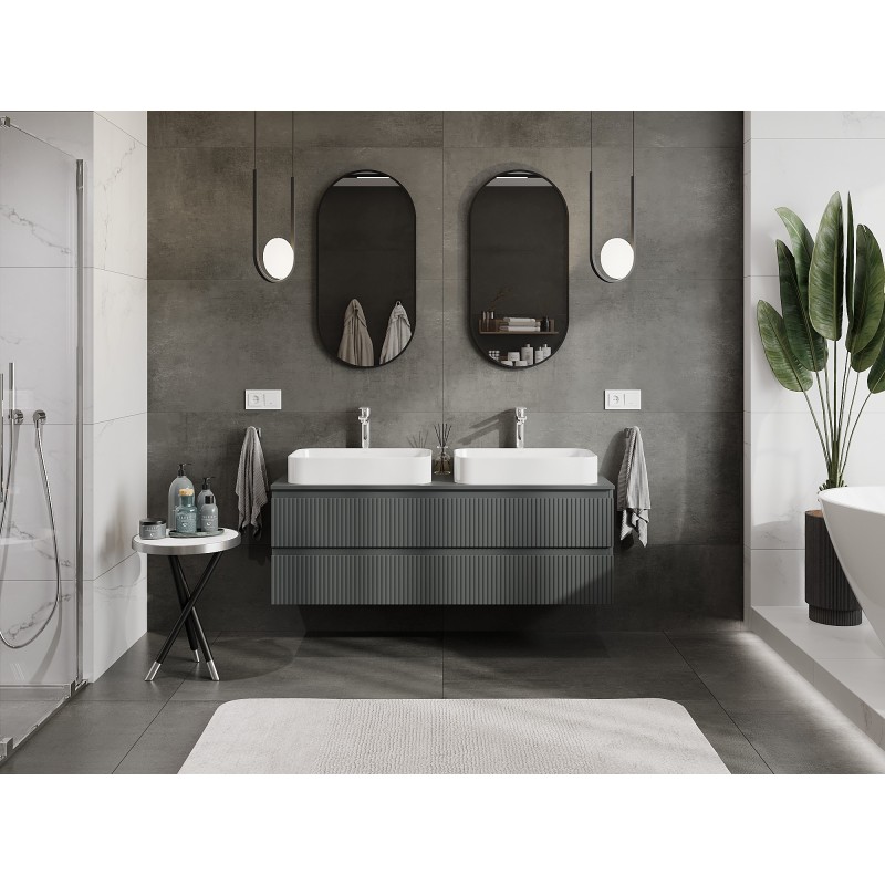 Mexen Rivel meuble de salle de bain sous-vasque 140 cm avec plateau, 2 tiroirs, rainuré, graphite mat - 91A20-14047-2-BFFC66