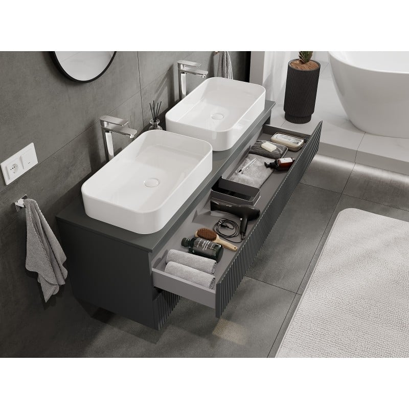 Mexen Rivel meuble de salle de bain sous-vasque 140 cm avec plateau, 2 tiroirs, rainuré, graphite mat - 91A20-14047-2-BFFC66