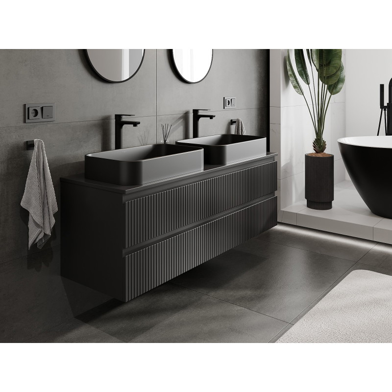 Mexen Rivel meuble de salle de bain sous-lavabo 140 cm avec plateau, 2 tiroirs, rainuré, noir mat - 91A20-14047-2-BFFC71