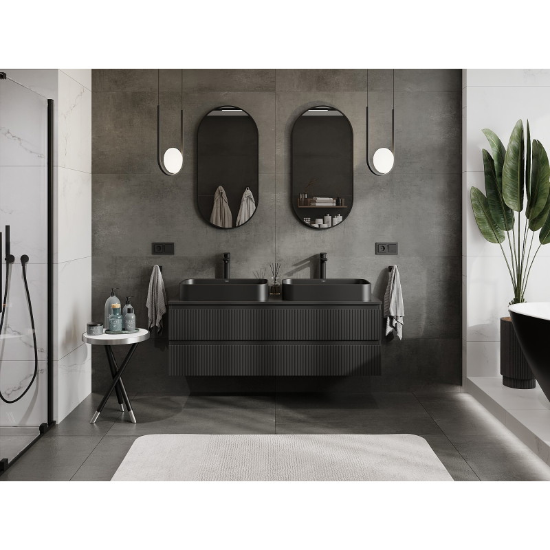 Mexen Rivel meuble de salle de bain sous-lavabo 140 cm avec plateau, 2 tiroirs, rainuré, noir mat - 91A20-14047-2-BFFC71