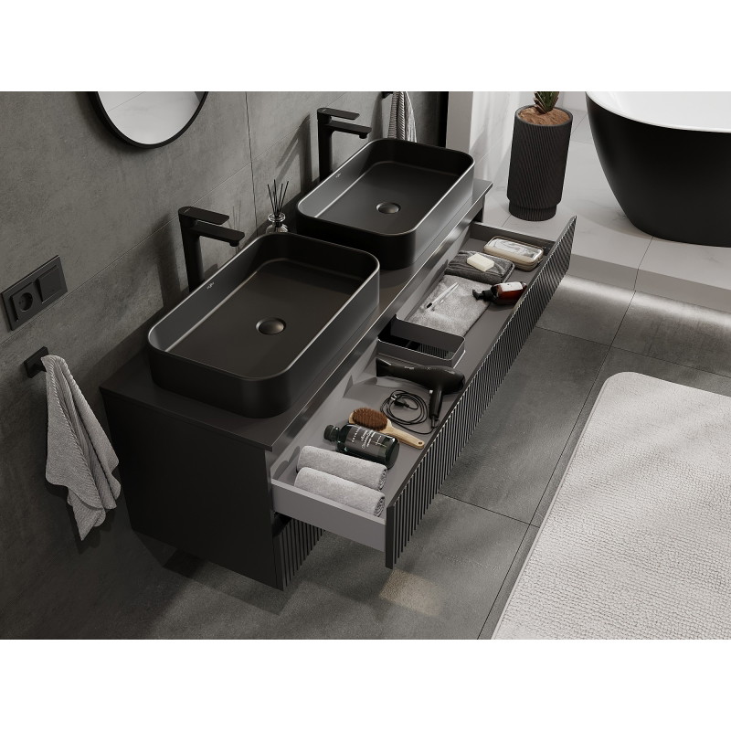 Mexen Rivel meuble de salle de bain sous-lavabo 140 cm avec plateau, 2 tiroirs, rainuré, noir mat - 91A20-14047-2-BFFC71